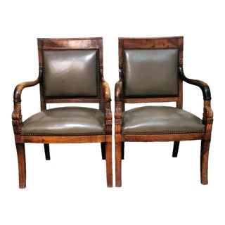 Mid 19th Century Charles X Style Pair of French "Antique Master" Chairs in Wood and “Cuoio” For Sale