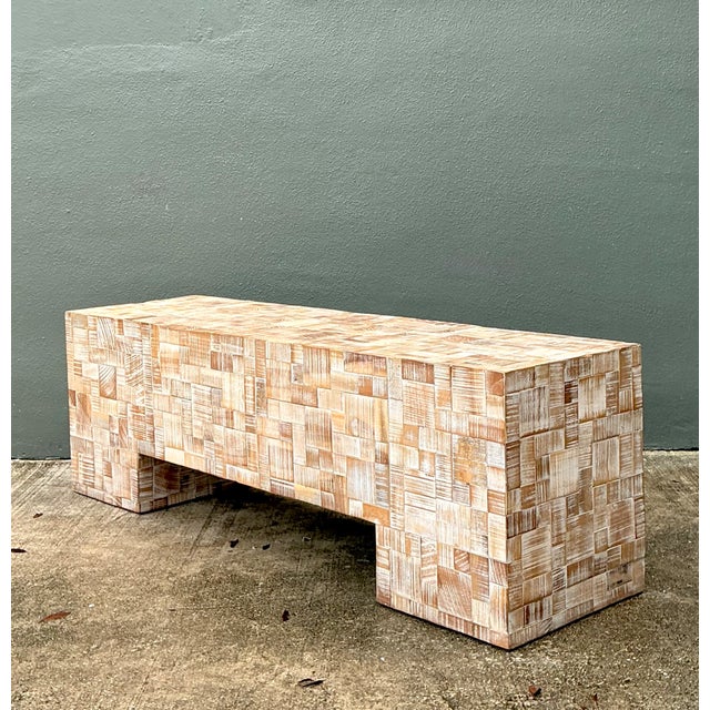 Wood Vintage Geometric Patterned Wood Bench For Sale - Image 7 of 12