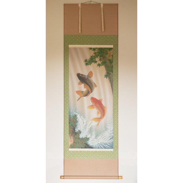 "Carps", After Shinyū, Heisei Era Printed Japanese Silk Scroll For Sale - Image 16 of 18