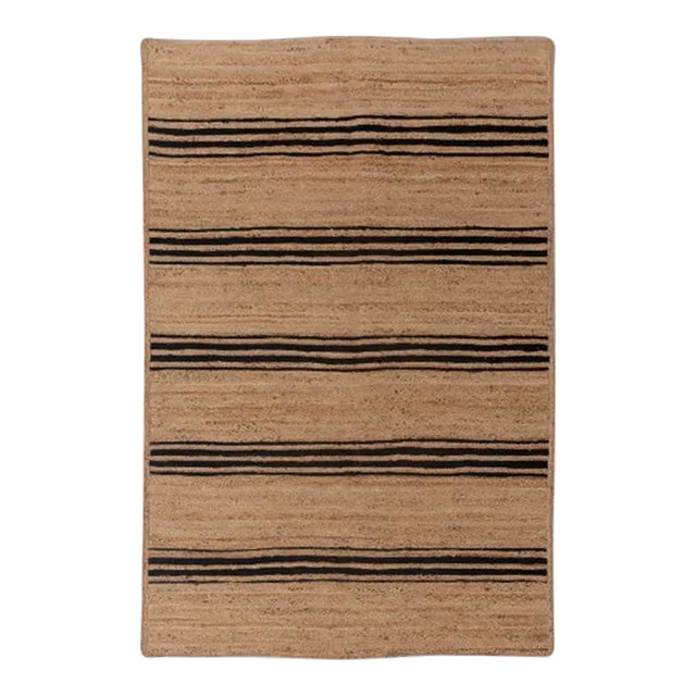 Rectangle Black Stripe Pattern Jute Rug, Boho Jute Rug 10x14 Ft. For Sale