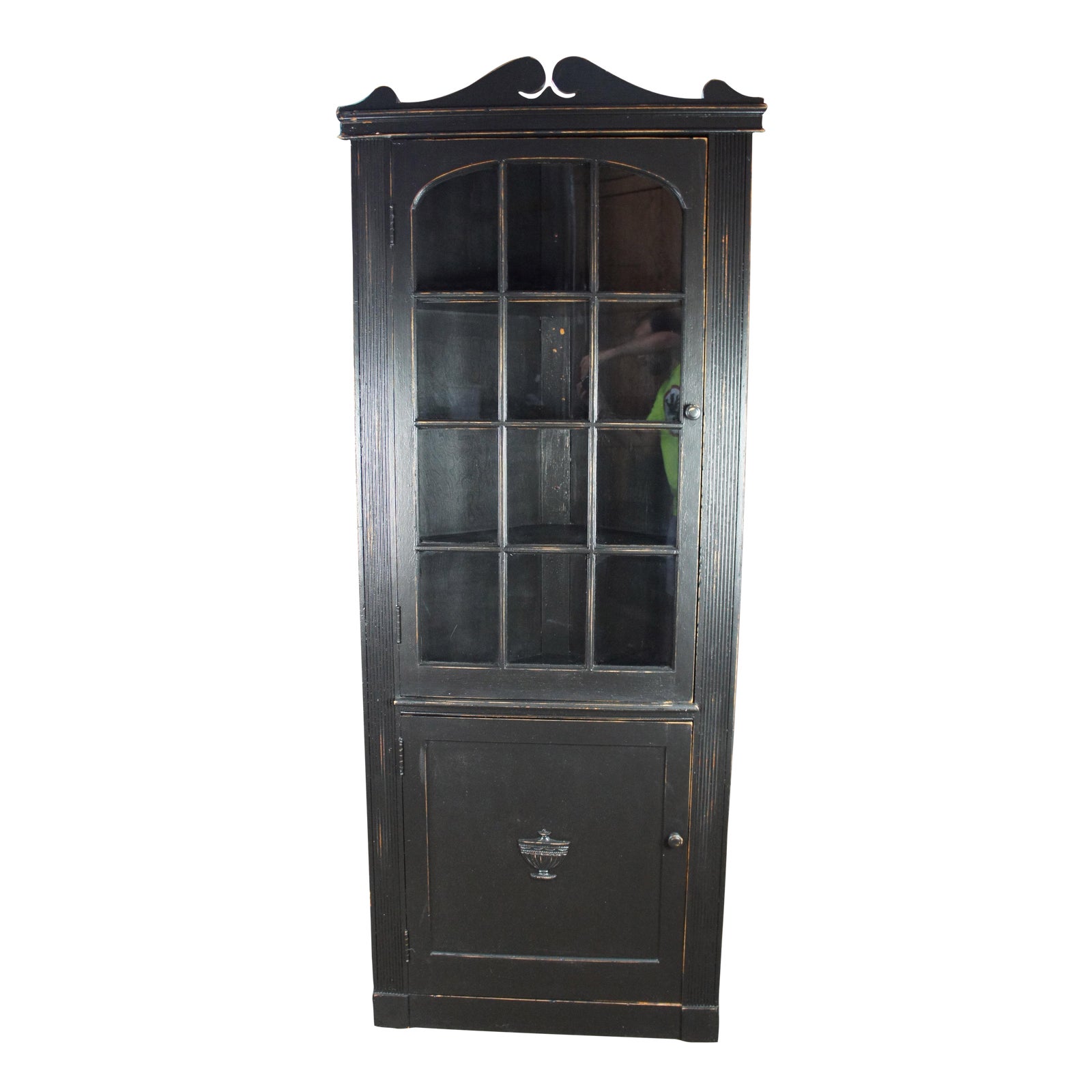 Vintage Colonial Revival Rustic Black Country Corner Cabinet