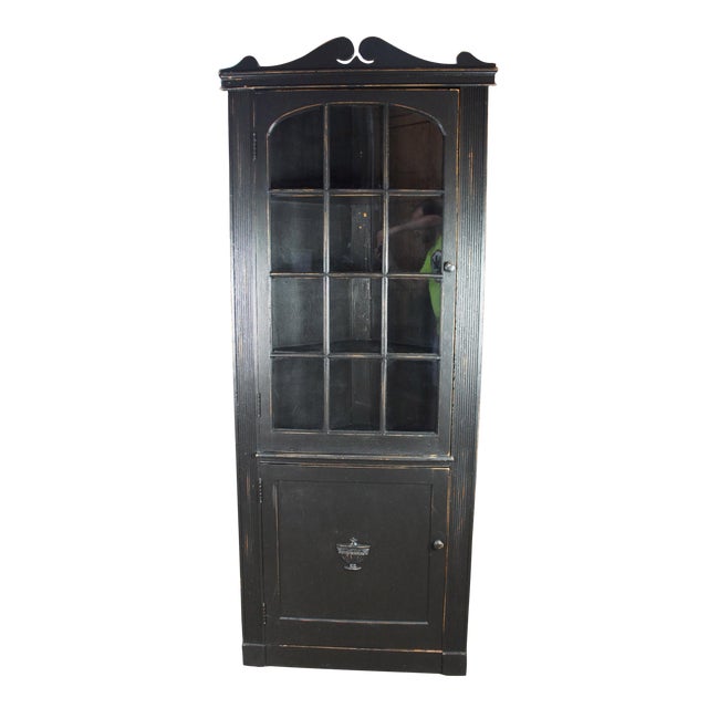 Vintage Colonial Revival Rustic Black Country Corner Cabinet