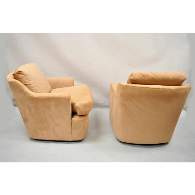 Wood Mid 20th Century Vintage Mid Century Modern Brown Upholstered Swivel Lounge Club Chairs - A Pair For Sale - Image 7 of 10