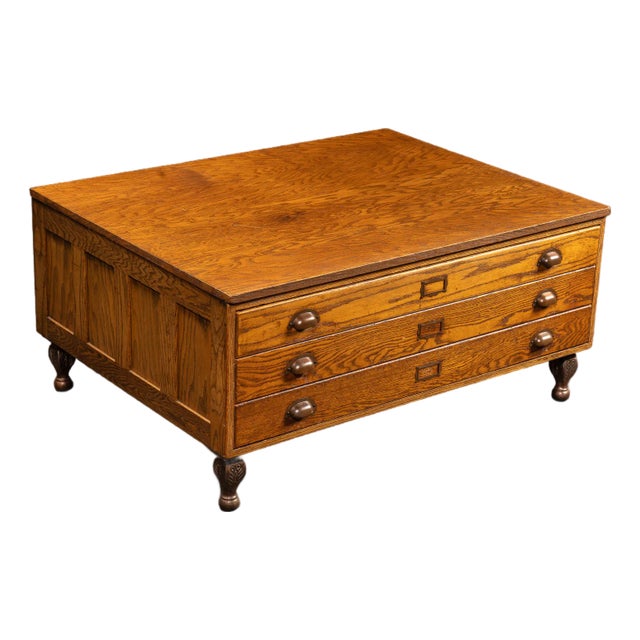 Antique Oak Flat File Cabinet Coffee Table For Sale