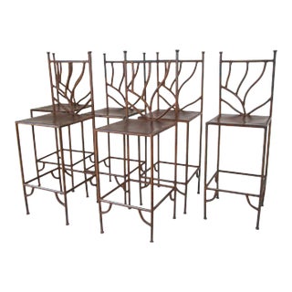 Set of Six Spanish Revival Hand-Forged Wrought-Iron Barstools, Mexico, Circa 1990 For Sale