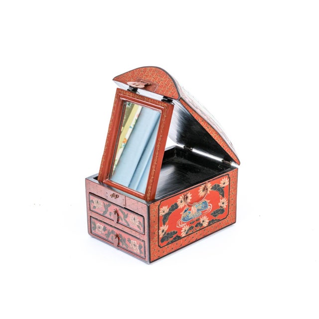 Vintage Chinese Lacquer Jewelry Chest With Famille Rose Porcelain Add a touch of historic elegance to your vanity or...