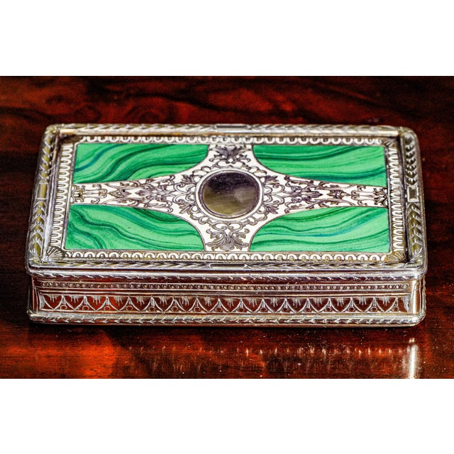Stunning Ornate European Continental Sterling Silver Malachite Enamel Antique Snuff Box For Sale - Image 13 of 17