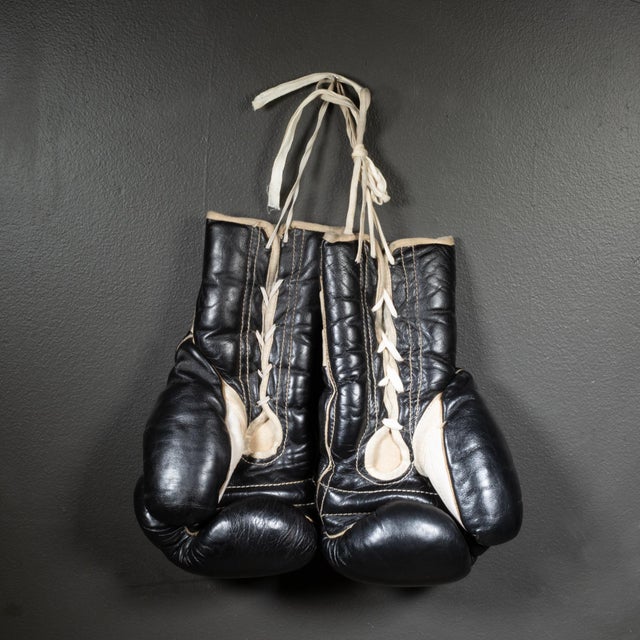 ABOUT Rare Ray Flores black leather boxing gloves with white leather thumbs. Original Ray Flores label and original drawer...