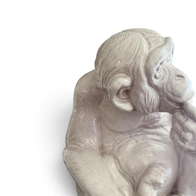 Vintage Italian Glazed Terracotta Monkey Sculpture in Contemplative Pose For Sale - Image 10 of 12