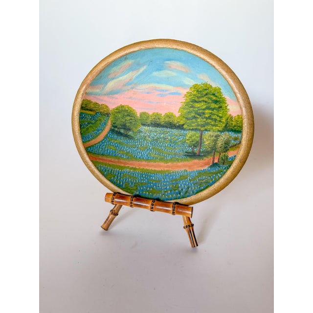 Wood Vintage Original Concave Bluebonnet Painting in Primitive Style Bowl For Sale - Image 7 of 8