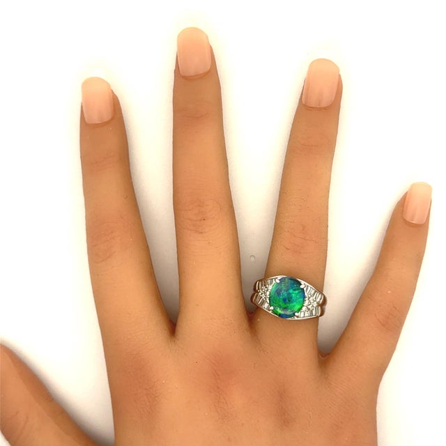 2.57 Carat Australian Black Opal Diamond Platinum Ring, Size 9.5 For Sale - Image 9 of 9