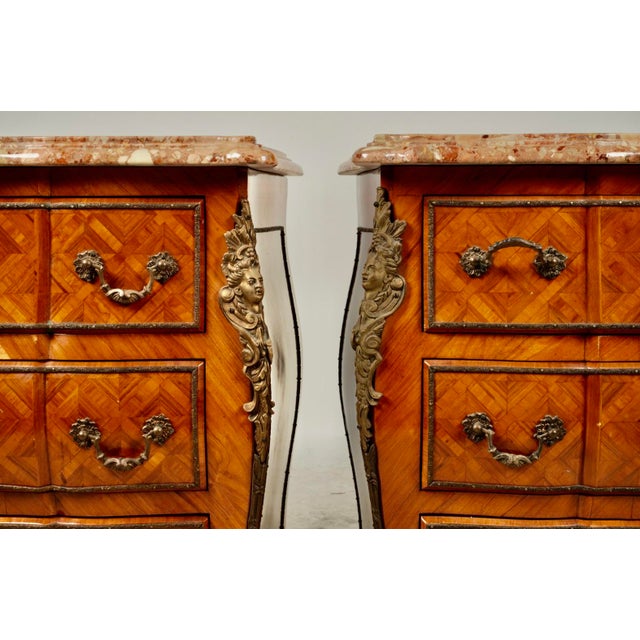 French Provincial Pair of Red Marble-Top Parquetry Petite Commodes Nightstands For Sale - Image 3 of 15