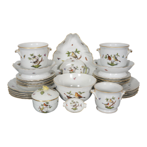 Late 20th Century Herend Hungary Rothschild Bird China Serving Plates Bowls Cachepots - 30 pcs