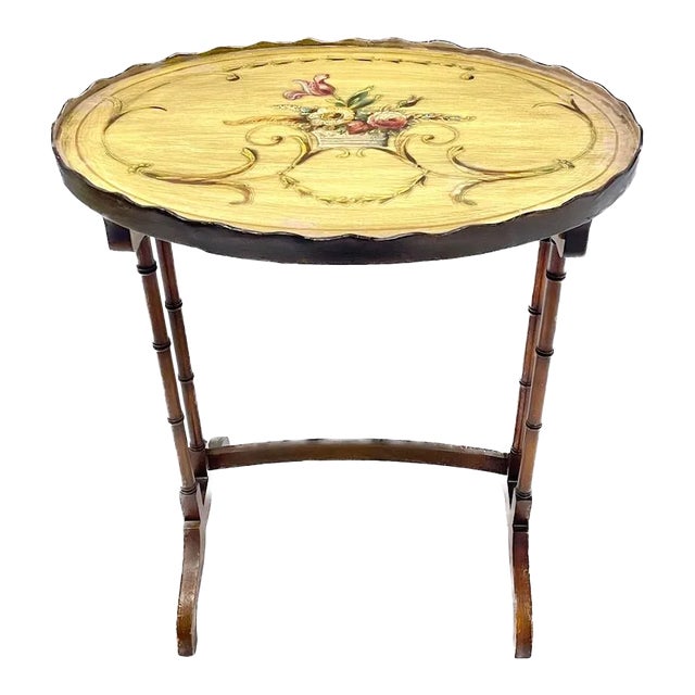 Vintage Scalloped Floral Faux Bamboo Side Table For Sale