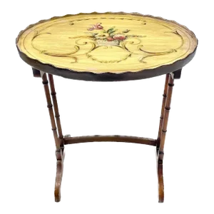 Vintage Scalloped Floral Faux Bamboo Side Table