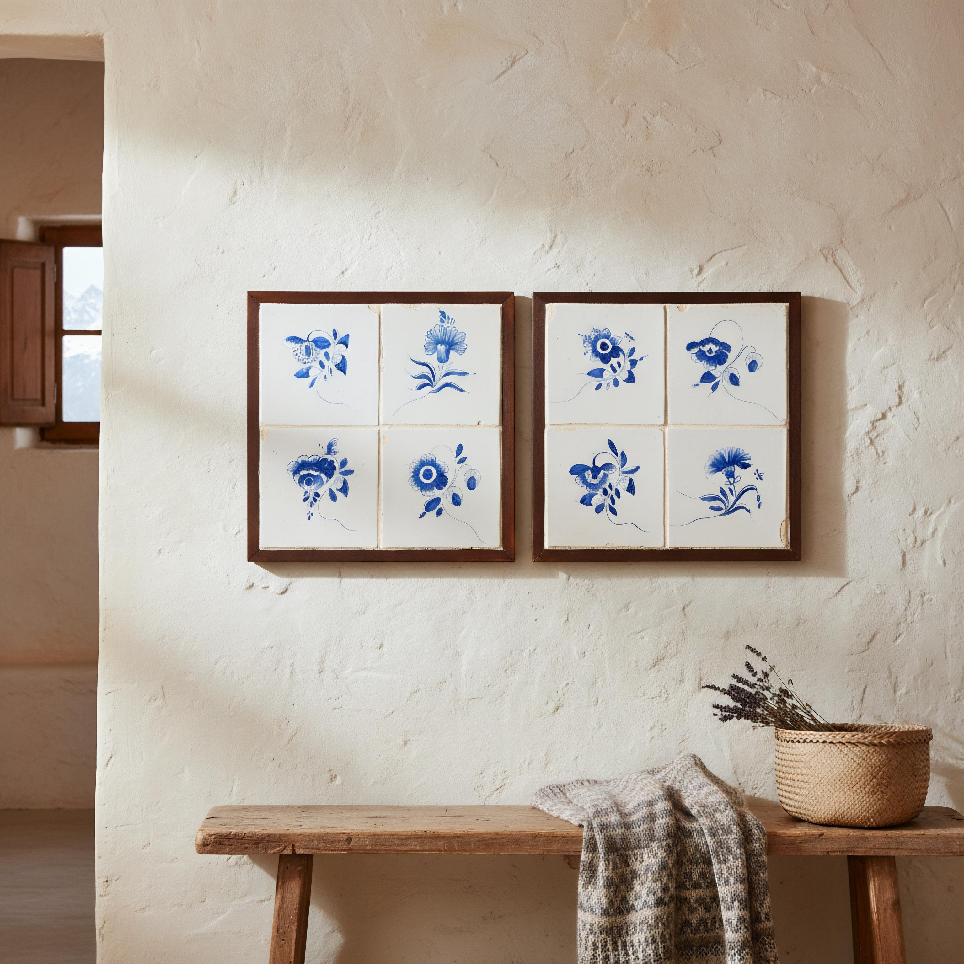 Framed Set of 8 Antique 18th C. Dutch Delft Blue & White Floral