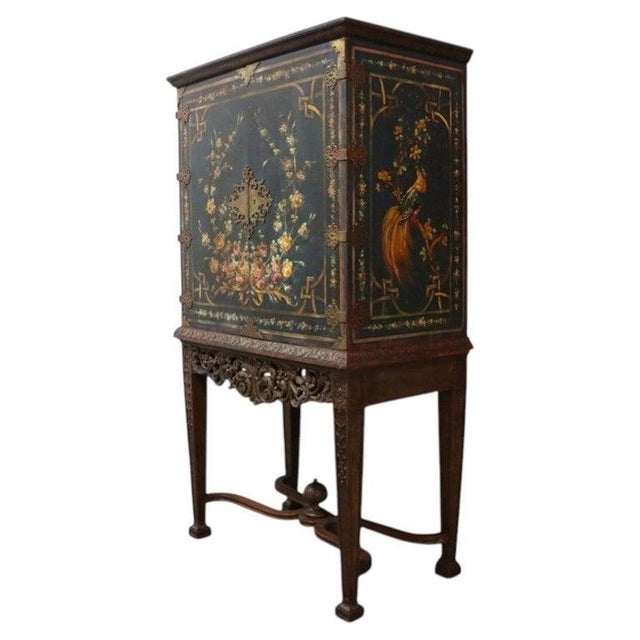 2-Piece Chinoiserie HND Painted & Carved Floral Cabinet C1910 For Sale - Image 4 of 18
