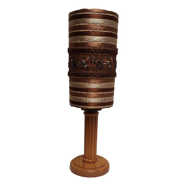 Vintage Table Lamp with Spruce Wood Base and Fabric Shade from Steinebach-Leuchten, 1970s For Sale