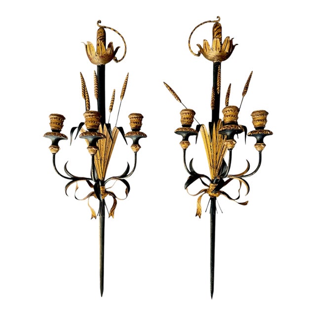 Monumental Vintage Mid Century Italian Gilt Metal Wall Sconces - 38.5" - A Pair For Sale