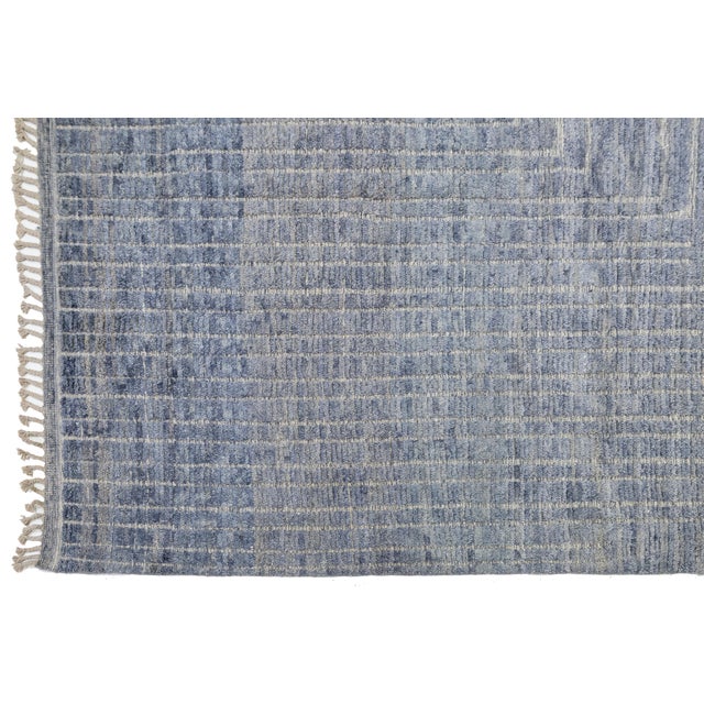 Hand-Knotted Slate Blue Moroccan Wool Rug Modern Geometric Maze Design 12x16 For Sale - Image 4 of 10