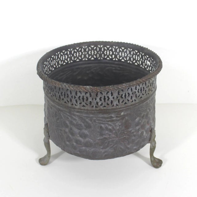 Hollywood Regency Vintage Claw Footed Pierced Brass Planter With Grape Motif Rope Edge For Sale - Image 3 of 9