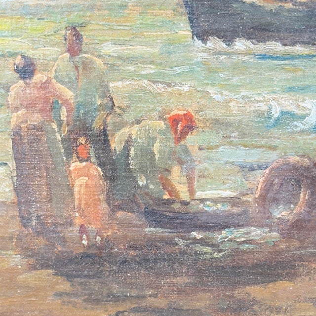 Atmospheric antique Italian oil painting fragment depicting a traditional coastal village scene, with fishermen working...