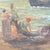 Atmospheric antique Italian oil painting fragment depicting a traditional coastal village scene, with fishermen working...