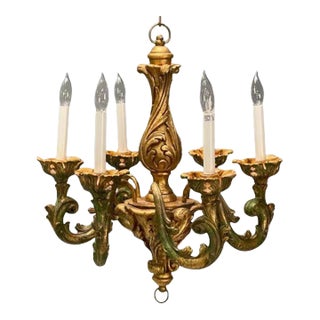 Rococo, Baroque, Italian Six Light Chandelier, Parcel Paint, Gilt, Italy, 1970s For Sale