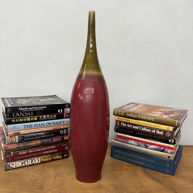 Glazed Apple Red Ceramic Vase with Skinny Mustard Green Neck For Sale - Image 4 of 9