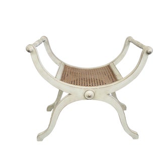 Neoclassical Style Caned and Distressed Cream Painted Curule Stool For Sale