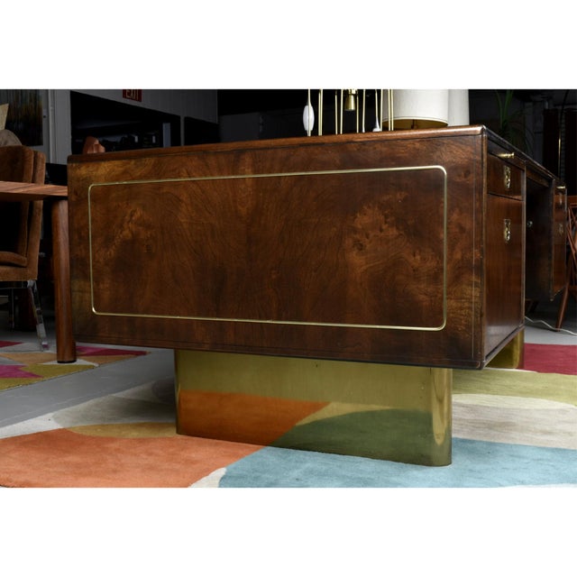 Wood 1970s Romweber Burl Wood and Gold Trim Executive Desk With Filing Drawers For Sale - Image 7 of 18