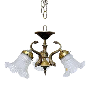 Vintage 1950s Brass Chandelier With Frosted Glass Shades