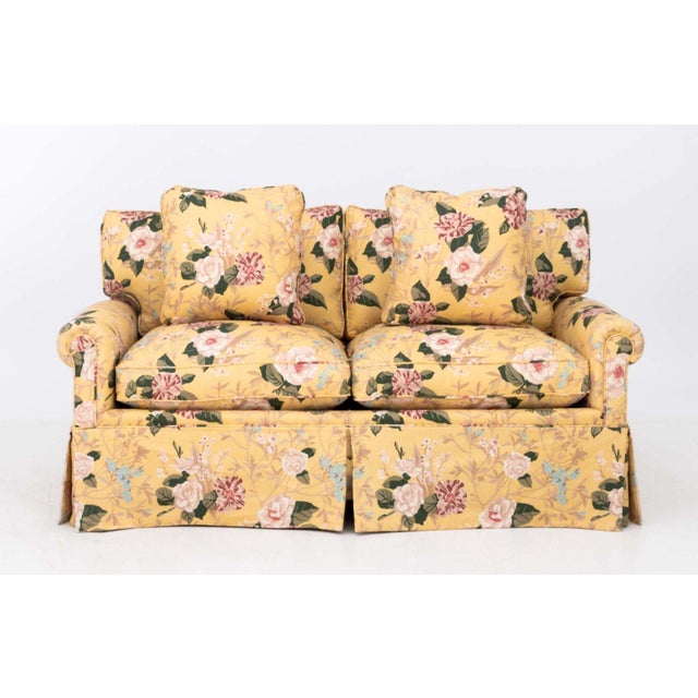 Yellow Floral Pattern Upholstered Sleeper Sofa. 33" H x 63.5" W x 37" D; seat: 19" H; bed: 74" L x 41.5" W. Provenance:...