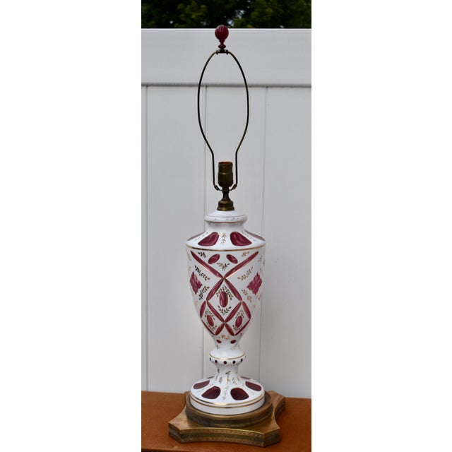 Cranberry Glass and Brass Lamp Vintage Table Bohemian Czech Hand Painted For Sale - Image 14 of 18