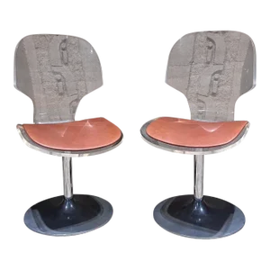 1980s Pair of Lucite and Chrome Swivel Dining Chairs