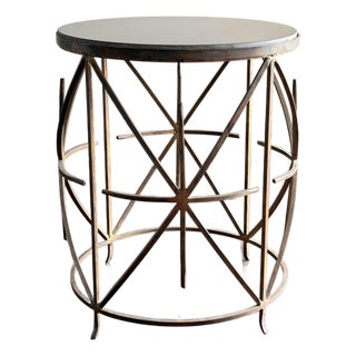 Hollywood Regency Gold Leaf Wrought Iron Side Table Black Stone Granite Top Vintage Geometric Metal Starburst Accent Drink Table Arturo Pani Style For Sale