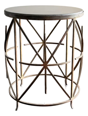 Hollywood Regency Gold Leaf Wrought Iron Side Table Black Stone Granite Top Vintage Geometric Metal Starburst Accent Drink Table Arturo Pani Style