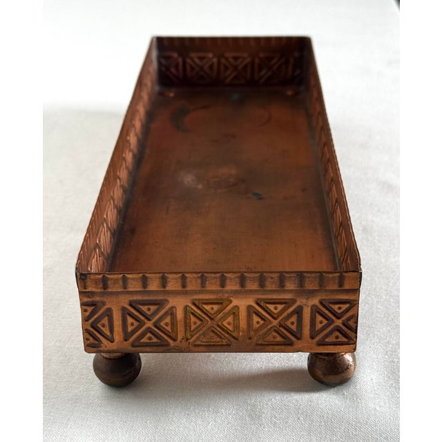 Vintage Arts & Crafts Copper Geometric Relief Rectangular Tray For Sale In Houston - Image 6 of 12