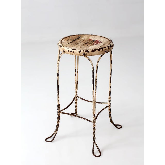 Cream Vintage Twisted Iron Garden Stool With Wood Top For Sale - Image 8 of 14