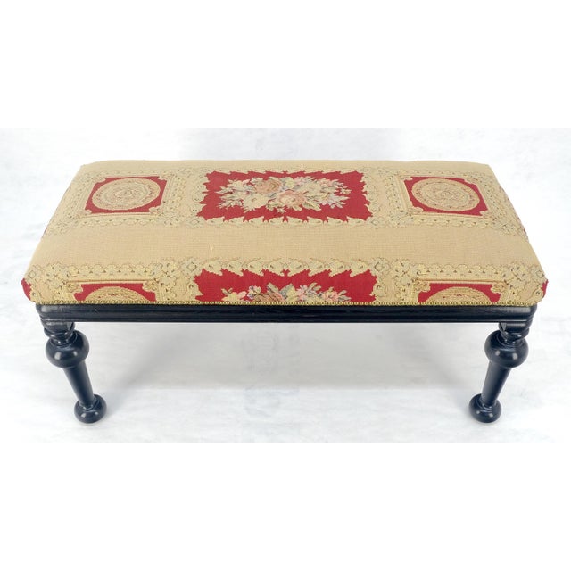 Tapestry Upholstery Massive Turned Black Lacquer Legs Window Bench MINT For Sale - Image 6 of 14