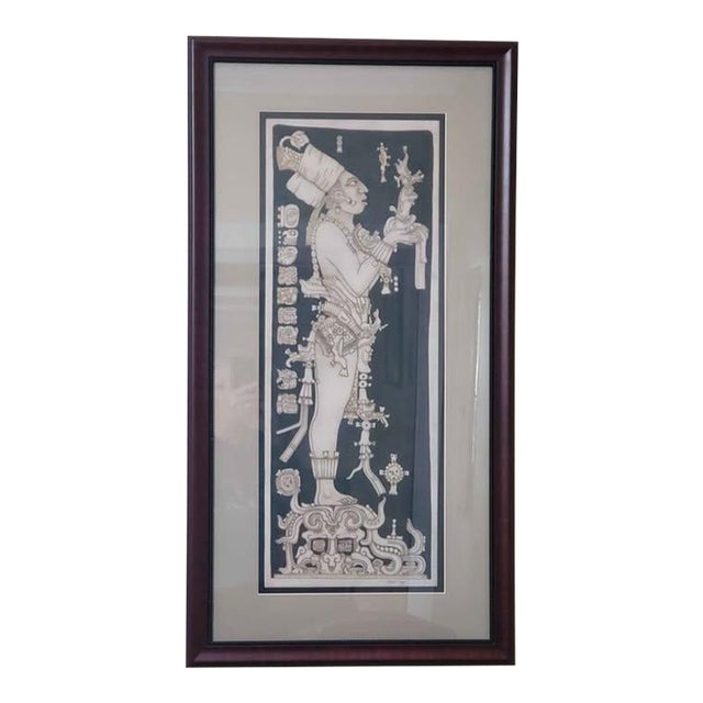1990s Fine Art - Interesting Artist-Signed Mexican Pre-Columbian (Reproduction) Mayan Framed Art on Leather For Sale
