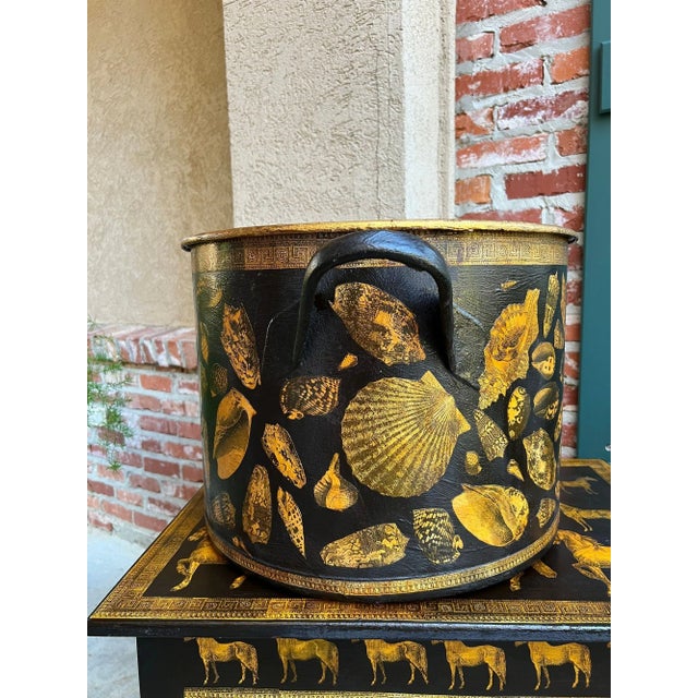Metal Large Antique English Planter Cachepot Black Metal Lacquer Shell Decoupage C1890 For Sale - Image 7 of 18