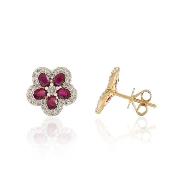 Everyday Ruby and Diamond Cherry Blossom Floral Stud Earrings in 18k Yellow Gold- A Pair For Sale - Image 4 of 8