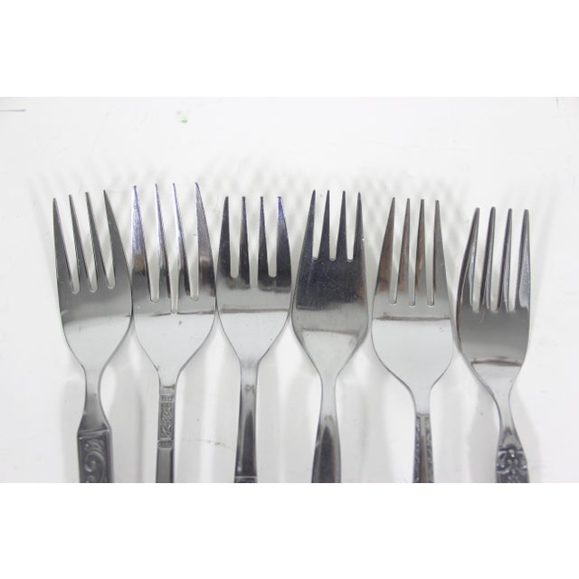 Metal Curated Set of 6 Mid Century Modern Stainless Steel Salad or Dessert Forks For Sale - Image 7 of 8