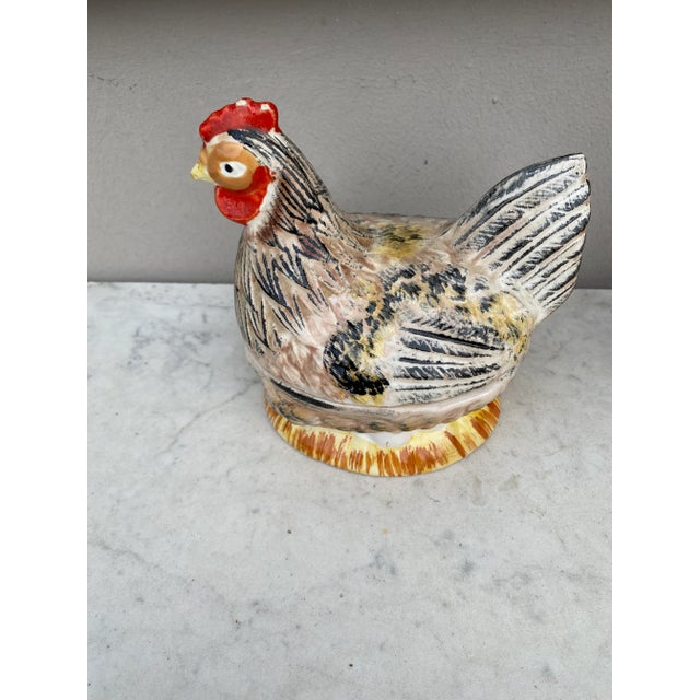 French country majolica hen tureen, circa 1950 signed Caugant.