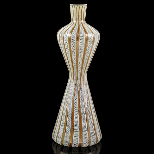 Fratelli Toso Murano 花器、ベネチアングラス 花器 Vintage Fratelli Toso Murano White Aventurine Ribbons