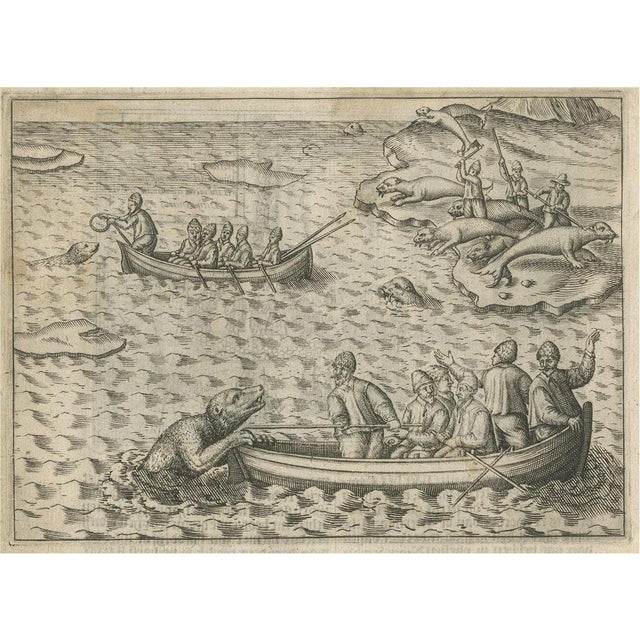 Brown Map of Kildin Island in Russia Plus Engraving of Seal Hunting, 1614 For Sale - Image 8 of 8
