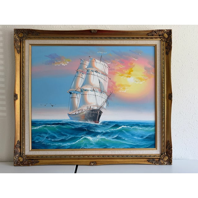 Early 21st Century Original Marine Oil Painting Tall Ship on Open Sea Nautical Seascape Gold Frame For Sale - Image 5 of 11