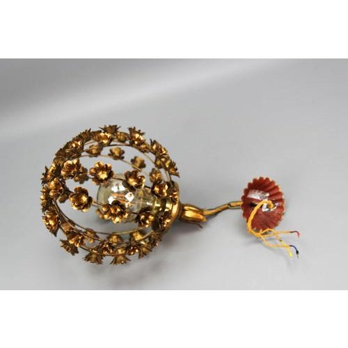 Hollywood Regency Style Gilt Metal Floral Sphere Pendant Light, Italy, 1970s For Sale - Image 16 of 18