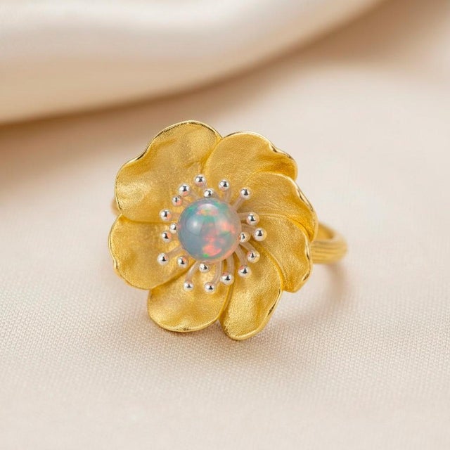Metal Peony Flower Ring With Opal, Size 8 For Sale - Image 7 of 9